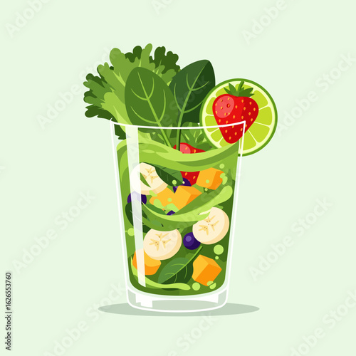Vibrant green smoothie packed with healthy fruits and vegetables in a clear glass with strawberry and lime garnish