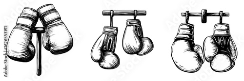 Boxing gloves are depicted in a sketch isolated from other elements, showcasing sporting equipment in a hand-drawn style reminiscent of retro designs often used for posters, prints, book