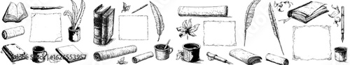 The concept of sketching literature involves writing, with vintage writers utilizing a quill ink pen, alongside a poem book and manuscript papers on a scroll, to create a hand-drawn modern literature