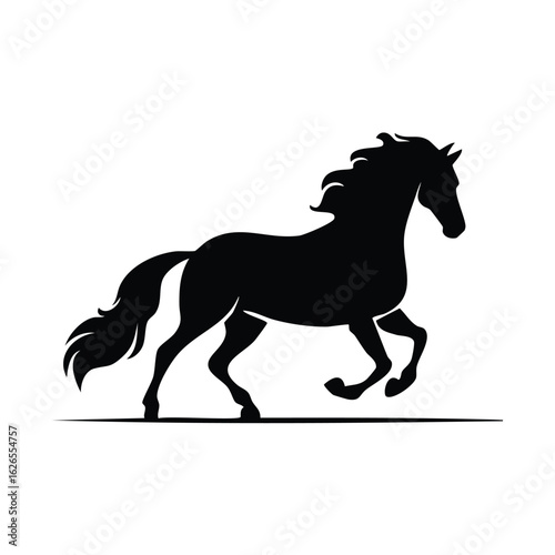 Elegant silhouette of a powerful running horse with a flowing mane. This majestic stallion symbolizes freedom, strength, and untamed spirit. Vector icon for logos.