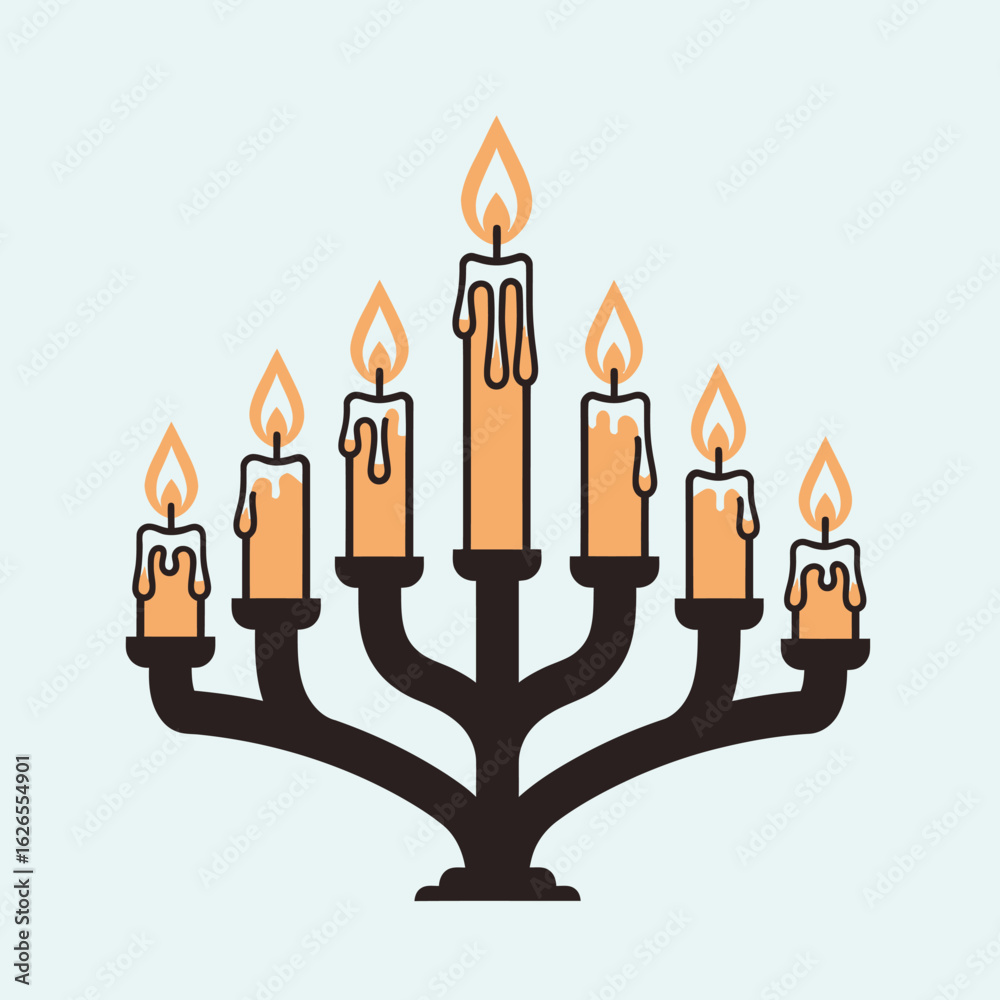 Seven orange lit candles on a dark metal menorah with dripping wax Seven orange lit candles on a dark metal menorah with dripping wax