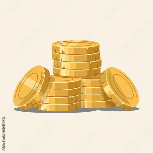 Stacks of golden coins piled up with some coins fanned out
