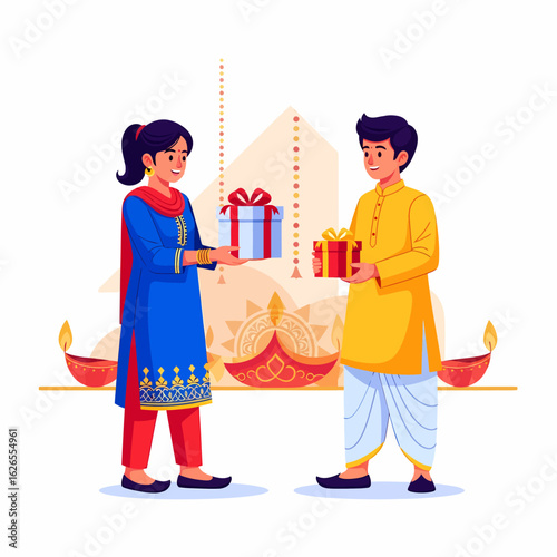 Brother and sister exchange gifts during a festive celebration