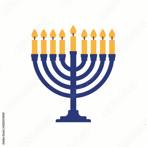 A blue Hanukkah menorah with nine lit yellow candles glowing brightly on a white background