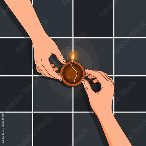 Two hands carefully hold a lit diya oil lamp with a bright flame on a dark tiled surface