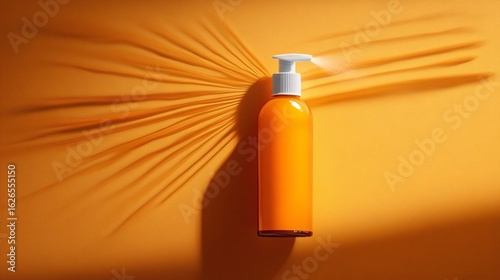 Orange sunscreen bottle spraying on orange background with palm leaf shadow