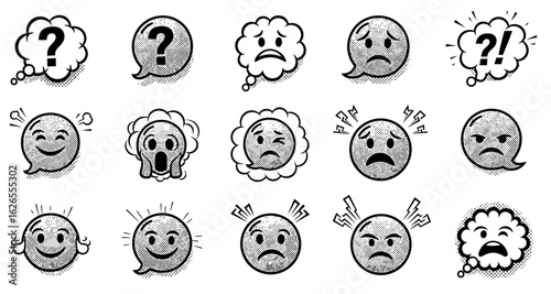 Collection of black and white halftone style emotion icons with various facial expressions and speech bubbles
