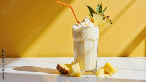 A refreshing pineapple milkshake sits on a white table, garnished with a slice of pineapple and a sprig of mint, against a vibrant yellow background 