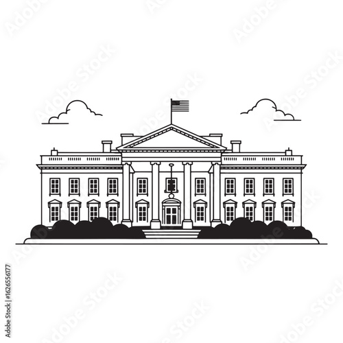 Detailed Line Art Depiction of the White House Featuring Crisp Outlines and Minimalist Cloud and Bush Details Creating an Iconic Image