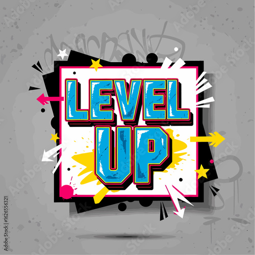 Colorful level up graphic with graffiti elements and dynamic shapes