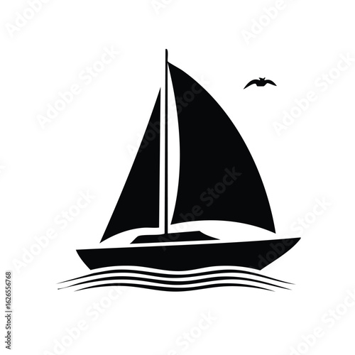 A sleek black silhouette of a sailboat gracefully gliding on stylized waves, with a solitary seabird in flight. Simple vector icon.