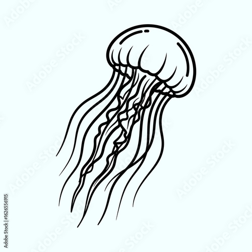 Stylized line drawing of a jellyfish with flowing tentacles drifting gracefully in the water