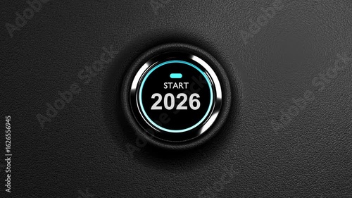 Finger about to press a car ignition button with the text 2026 start.happy new year 2026 start new project.concept of start with strategy,win,plan,goal and objective target