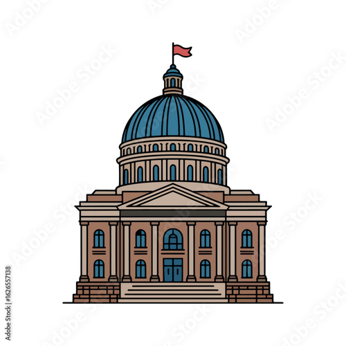 A Charming Line Art Illustration of a Classic Capitol Building With a Dome and a Flag on Top
