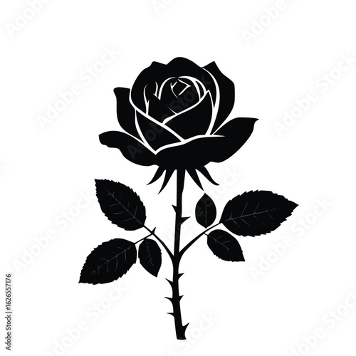 Elegant monochrome silhouette of a black rose with thorny stem. A symbolic floral graphic isolated on white for tattoo or gothic design.