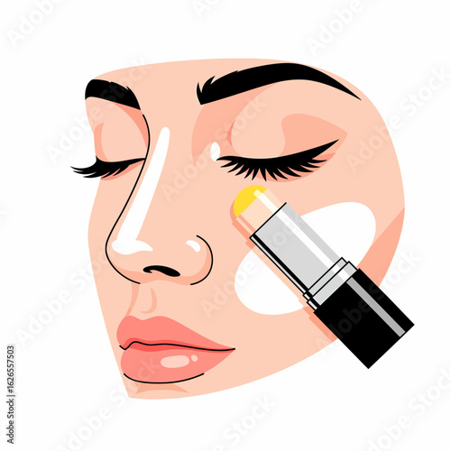 Close-up of a woman applying yellow makeup stick to her cheek with closed eyes.
