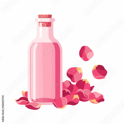 Glass bottle of pink rose water surrounded by scattered rose petals