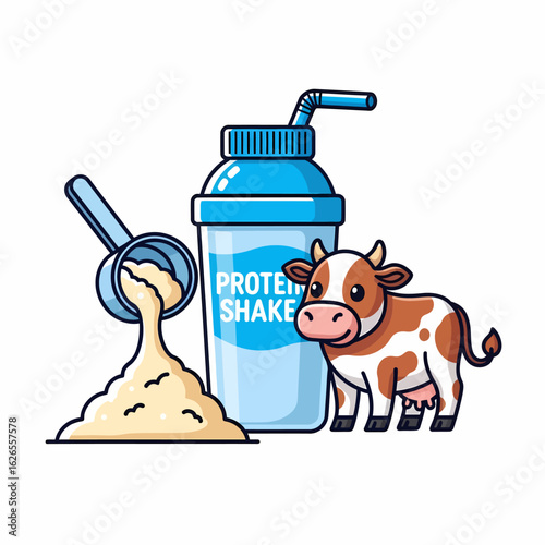 Healthy dairy protein shake ingredients with a happy cow illustration
