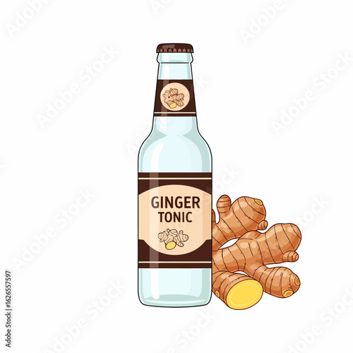 A clear glass bottle filled with ginger tonic water stands next to fresh ginger roots