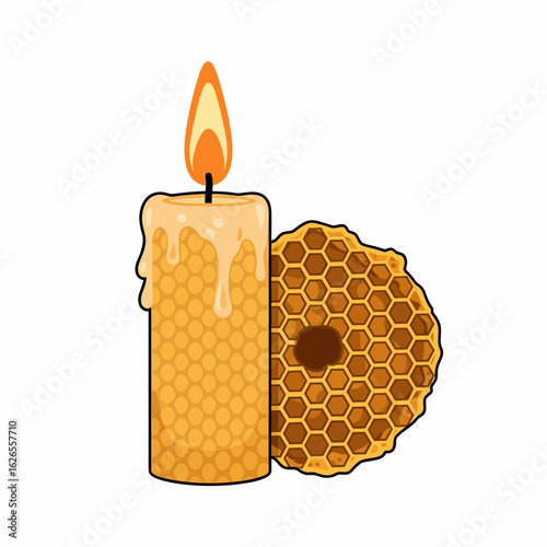 A textured honey beeswax candle with dripping wax sits next to a honeycomb section