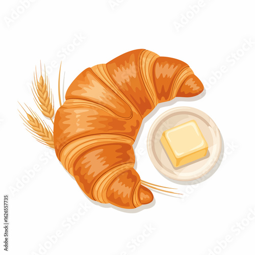 Golden baked croissant with a side of creamy butter and wheat stalks