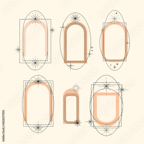 A collection of bohemian celestial arch frames with mystical sun and star symbols. Geometric line art illustration set.