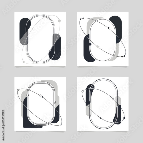 Set of four minimalist abstract frames with atomic orbital paths. Modern monochrome graphic design template collection.