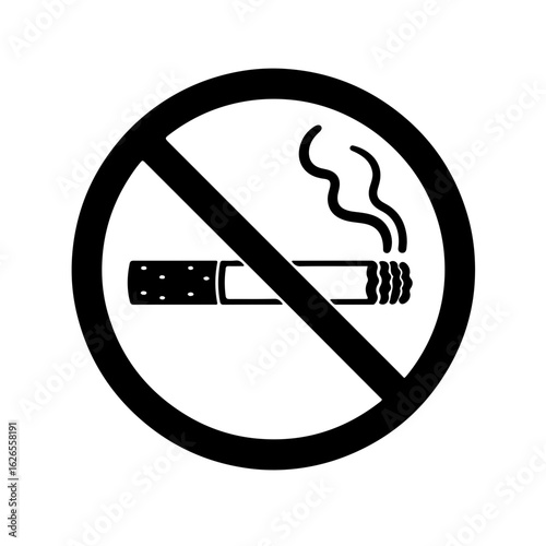 No smoking sign icon. Black and white graphic symbol for prohibited smoking areas and health.