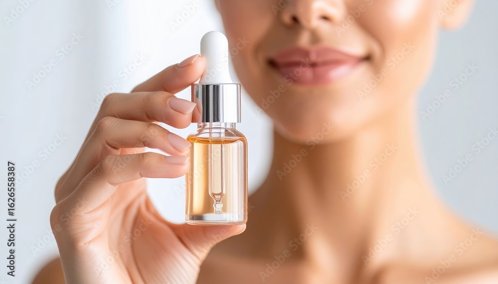 Fototapeta premium Woman holding essential oil bottle for skin care routine