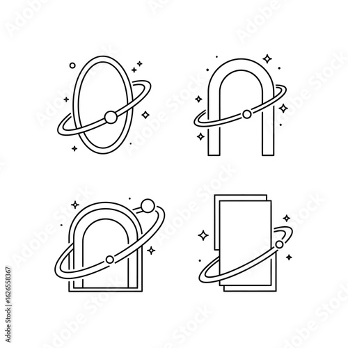 A set of four futuristic portal and gateway icons in a minimalist line art style, depicting cosmic travel and dimensional doorways with orbiting rings.