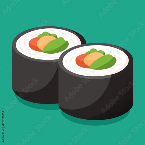 Sushi rolls with colorful fillings displayed in a simple. flat design. Two sushi rolls. cut in half. showcasing ingredients against a teal background.