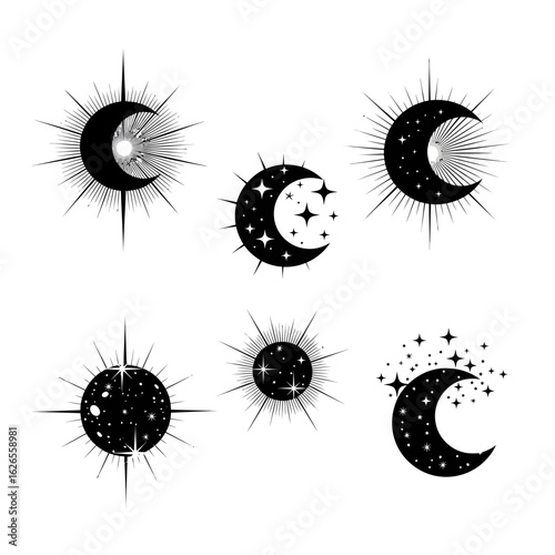 Set of black and white star and sparkle icons. Conceptual graphic elements for design, decoration, and illustrating brilliance.