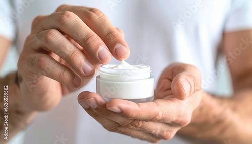 Man holding moisturizer cream applying lotion for skincare routine