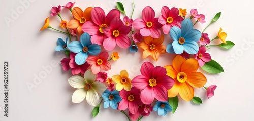Paper spring flowers crafted into a heart shape, vibrant colors, delicate design,  flowers,  love