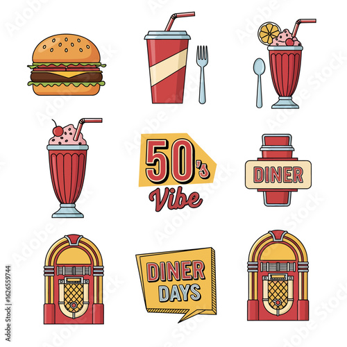 A collection of retro 1950s diner food and entertainment icons. Features a classic hamburger, soda, milkshake, and jukebox for a vintage vibe.