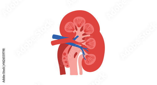 Stylized Kidney Section with Renal Pelvis, Arteries, and Veins Illustration