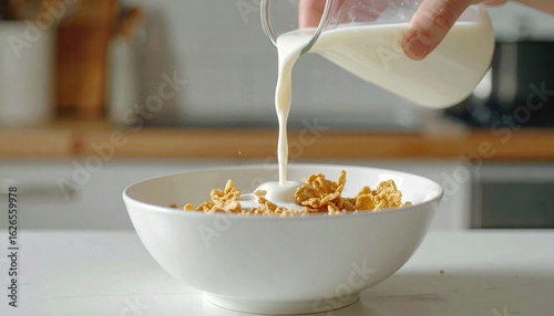 Pouring milk into bowl of cereal in kitchen for healthy breakfast