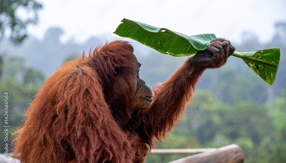 Obraz premium Orangutan holds a large green leaf over its head, using it as an umbrella against the rain in a lush, green environment.