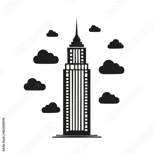 Minimalist silhouette of an iconic art deco skyscraper among clouds. Vector graphic representing urban architecture and metropolis dreams.