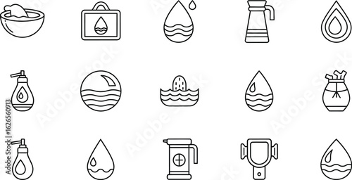 Vector art of collection of water related icons, including drops, containers, and bowls, perfect for representing cleanliness, hydration, and natural resources
