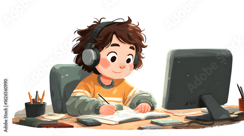 Cartoon vector of a cheerful boy capturing 12 different animated character expressions, excellent resource for developers, educators, and illustrators.