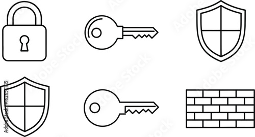 Vector art of security icons featuring a padlock, key, shield, firewall, and brick wall representing protection, access, and cybersecurity measures
