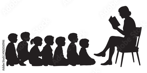 Woman Reading A Book To Children Sitting In A Row Silhouette kids students