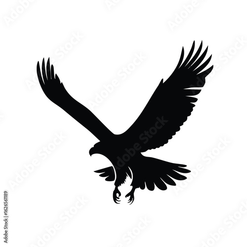A striking black silhouette of a majestic eagle in full flight, its wings outstretched against a clean background. This vector embodies freedom, power, and wild nature.
