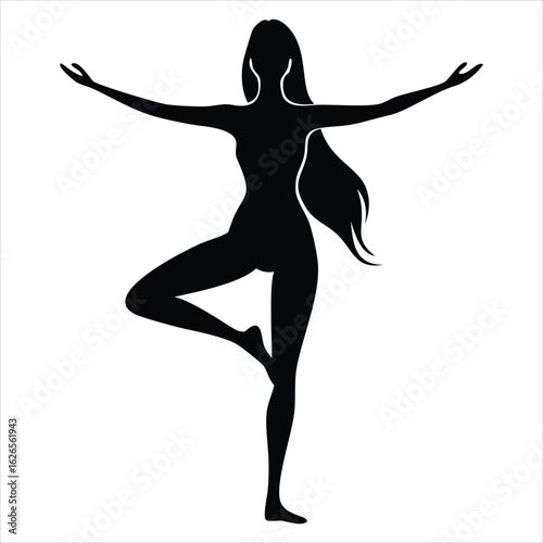 Silhouette of a woman in a graceful yoga pose Vrikshasana, or tree pose with arms outstretched and one leg bent representing balance and serenity against a white background