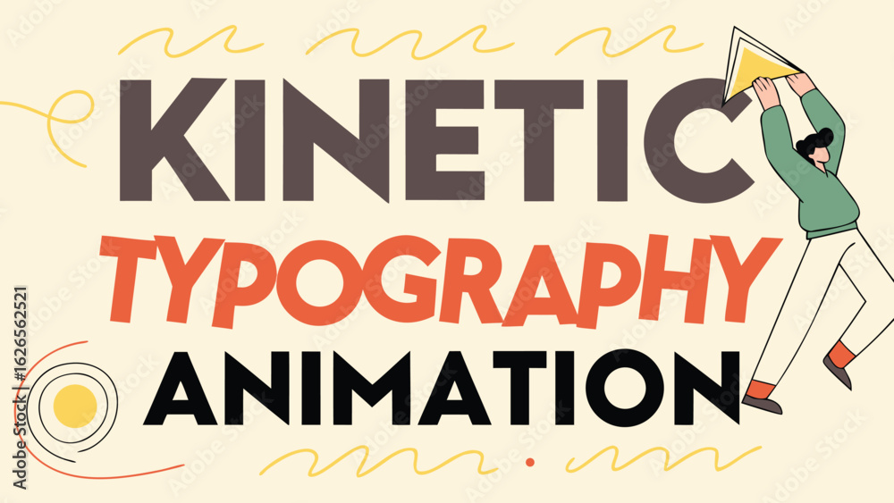 Fototapeta premium Kinetic typography animation with a person holding a triangle on a light background with wavy lines design