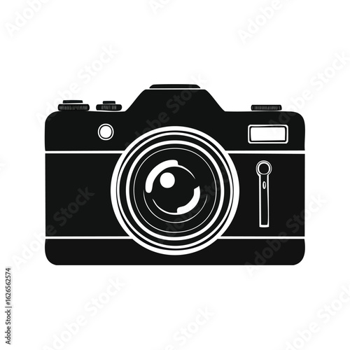 A simple black icon of a retro photo camera isolated on a white background. This flat vector illustration represents photography equipment and hobby.
