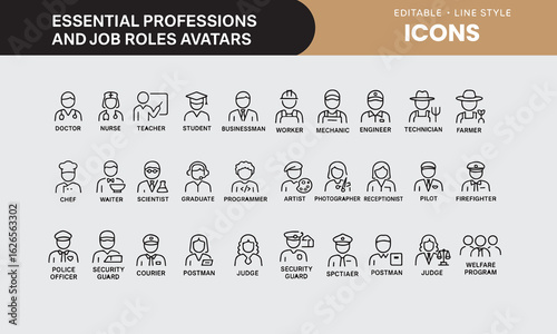 set of Essential professions and diverse job roles avatars icon . Thin line editable stroke icons for careers, jobs, workplace, service, education, occupations, employment