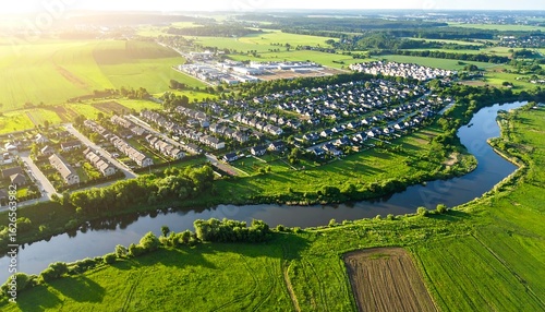 Aerial view of a suburban area by a river