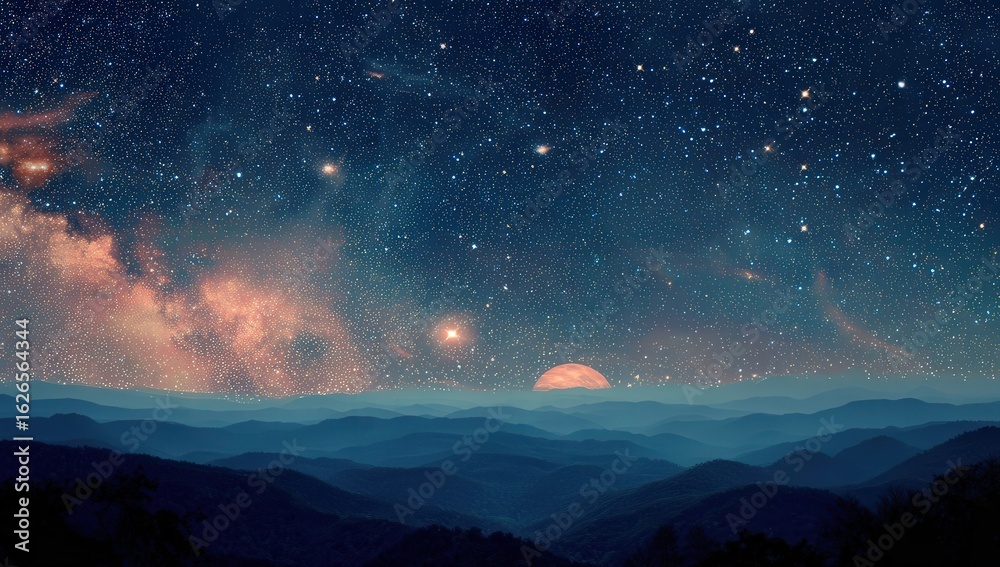 Fototapeta premium Starry Night Landscape Over Misty Mountains